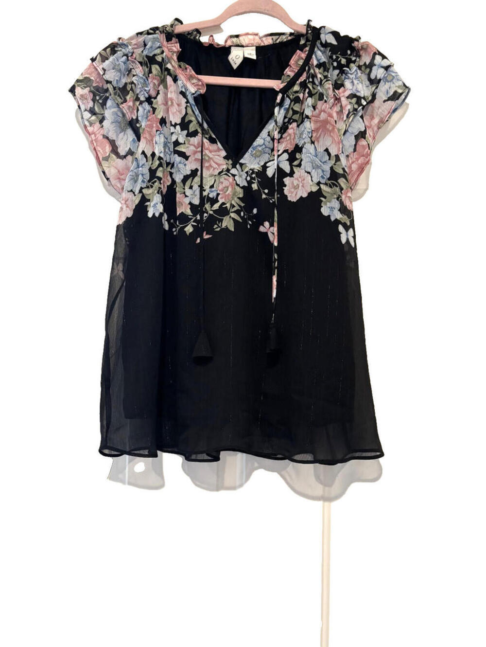 Joie sz XL black floral short cap sleeve ruffle‎ neckline blouse BB